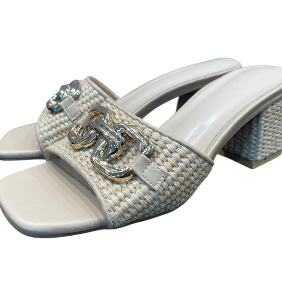 NEW DESIGNER STRAW RAFFIA HEEL & STRAP SANDALS HORSEBIT DECOR SIZE US 7 - Picture 1 of 9